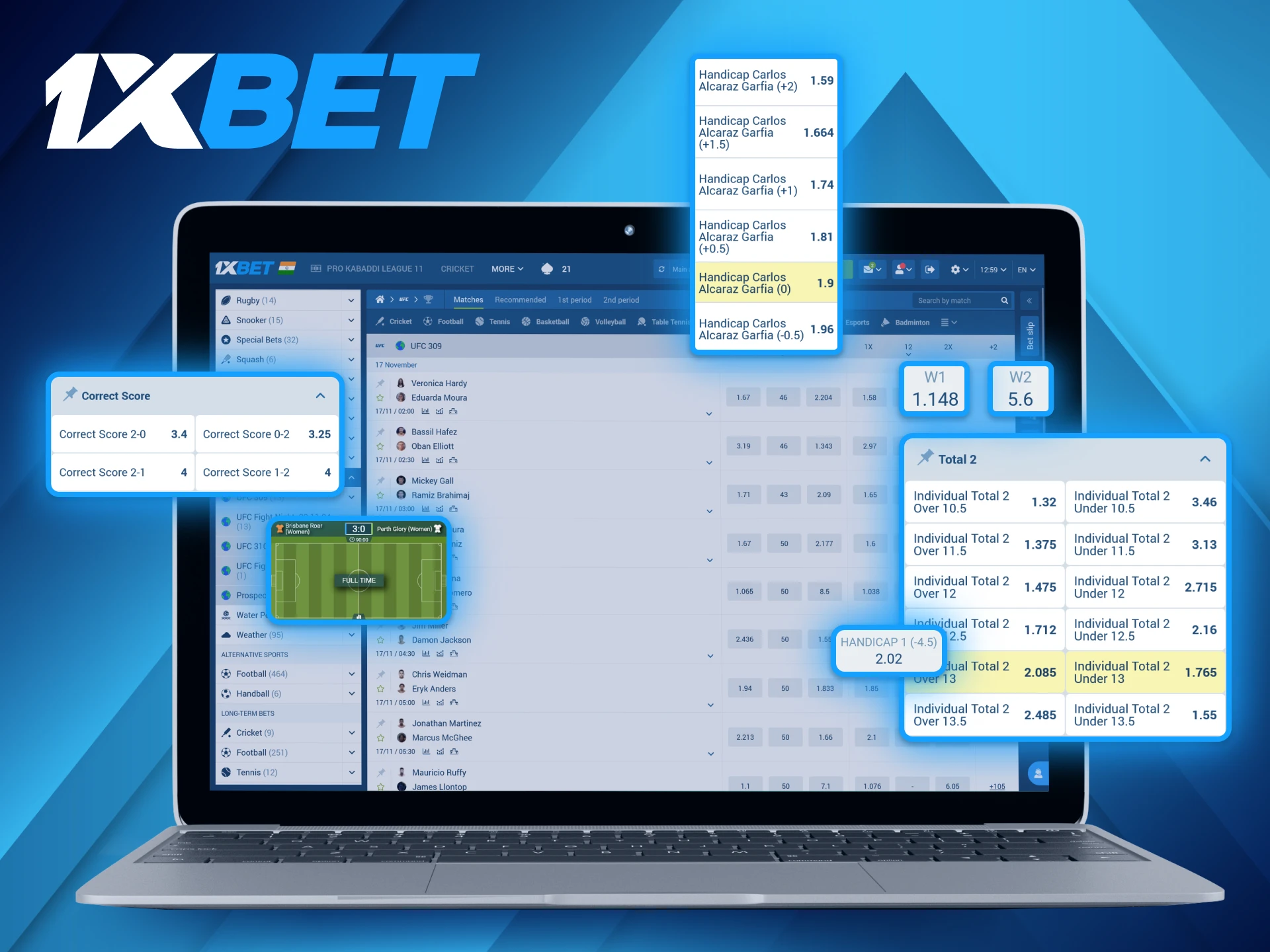 At the 1xBet website, users can find a selection of available betting options for different types of events.