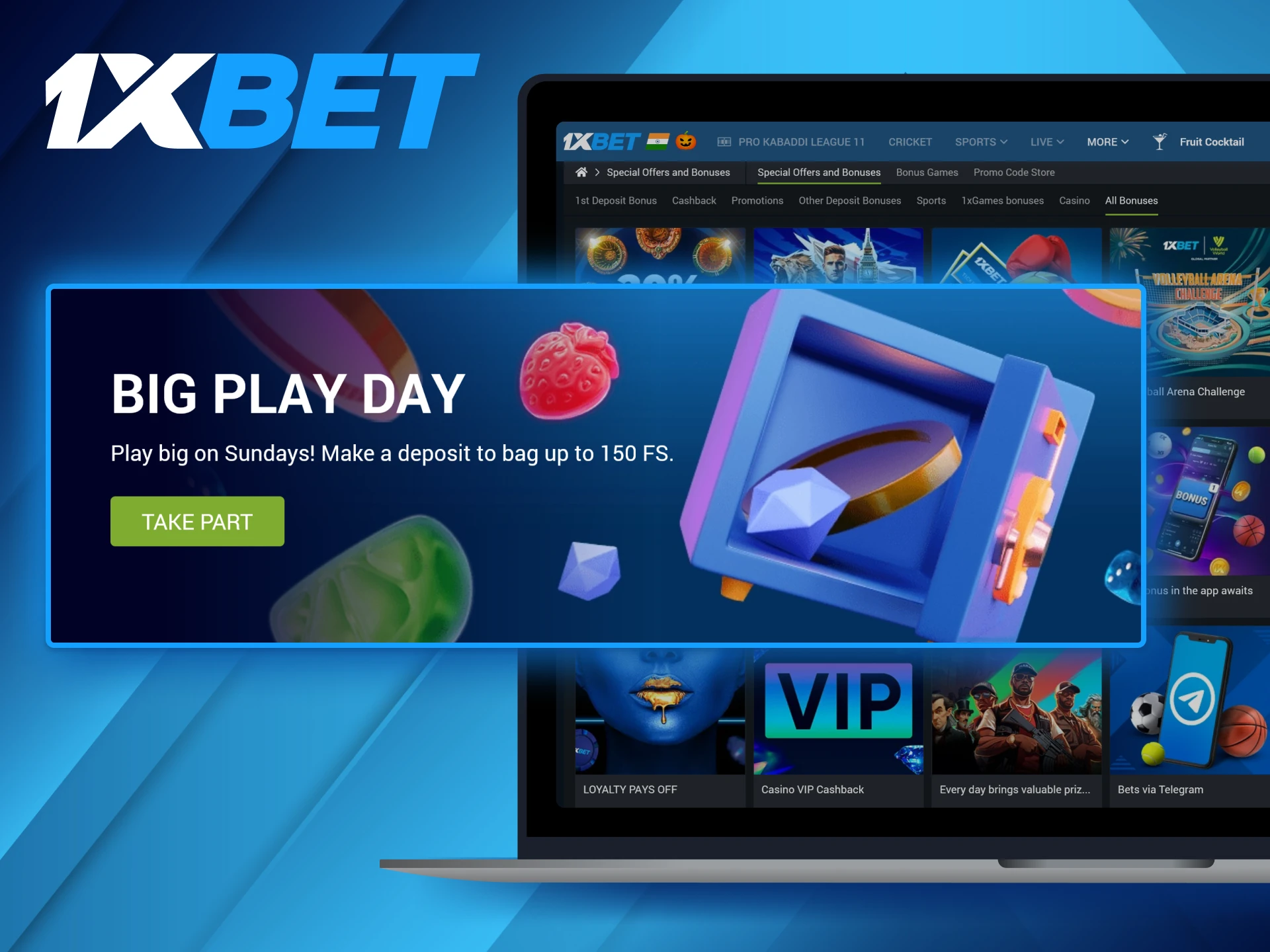 To earn free spins on the 1xBet platform, gamblers can take part in the BIG Play Day on Sundays.