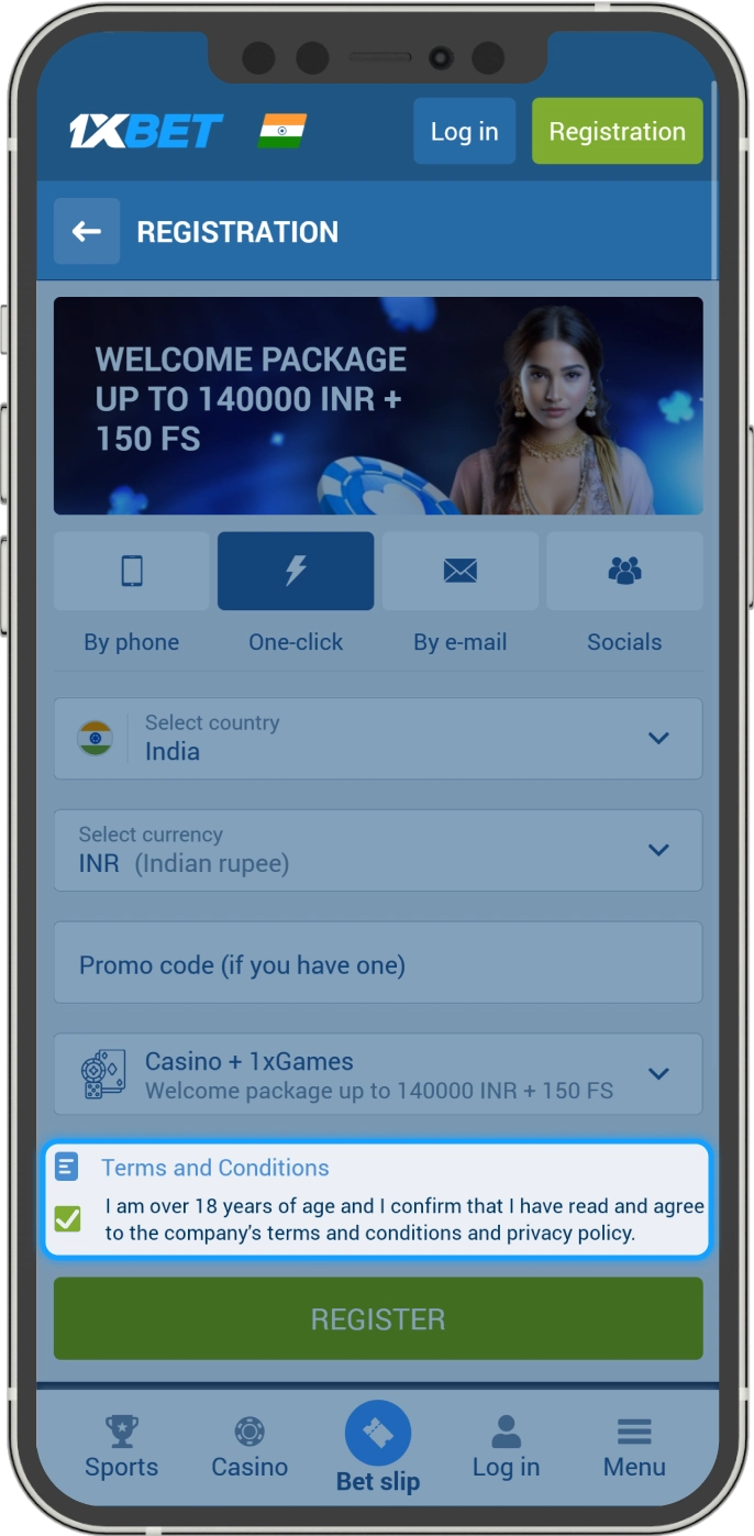 To proceed the 1xBet account registration, player should be of legal age.