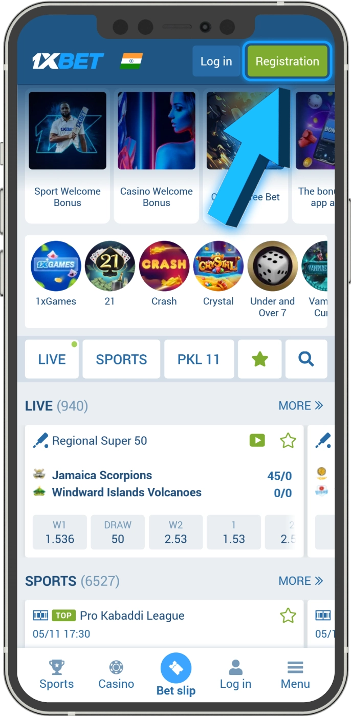 Find the green registration button on the 1xBet mobile app.