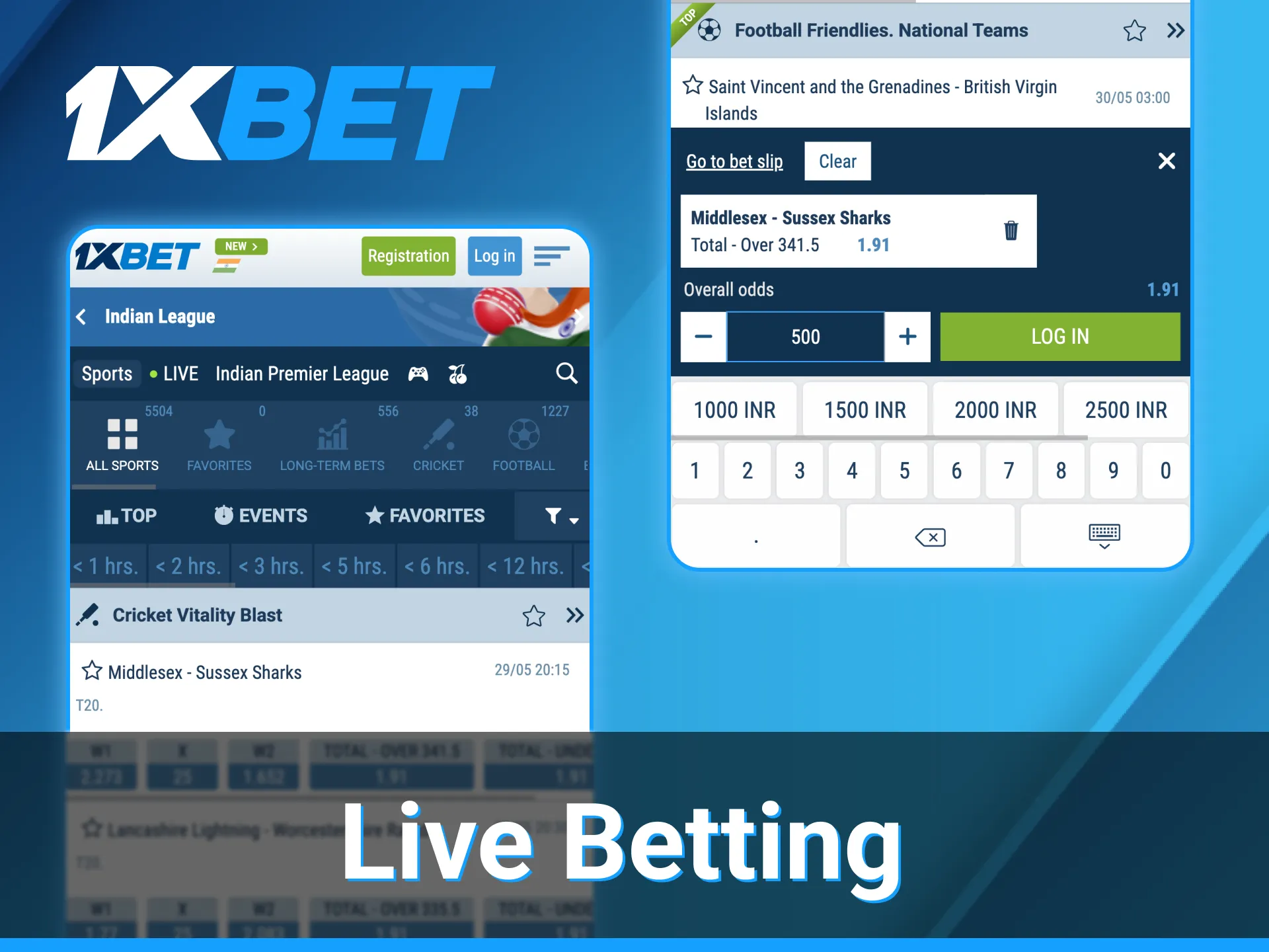 You can find many sports in live mode on 1xBet app.