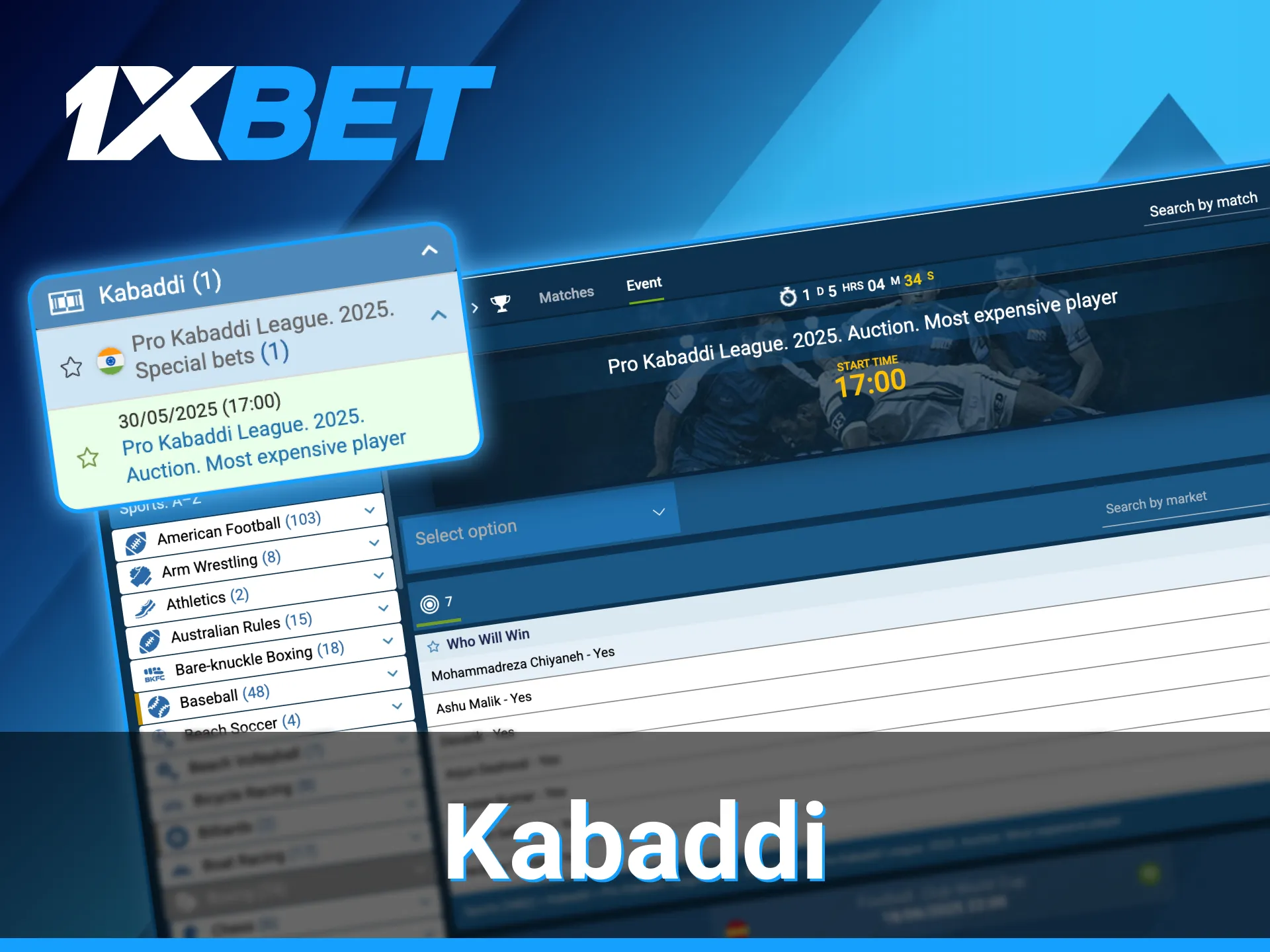 1xBet kabaddi betting section.