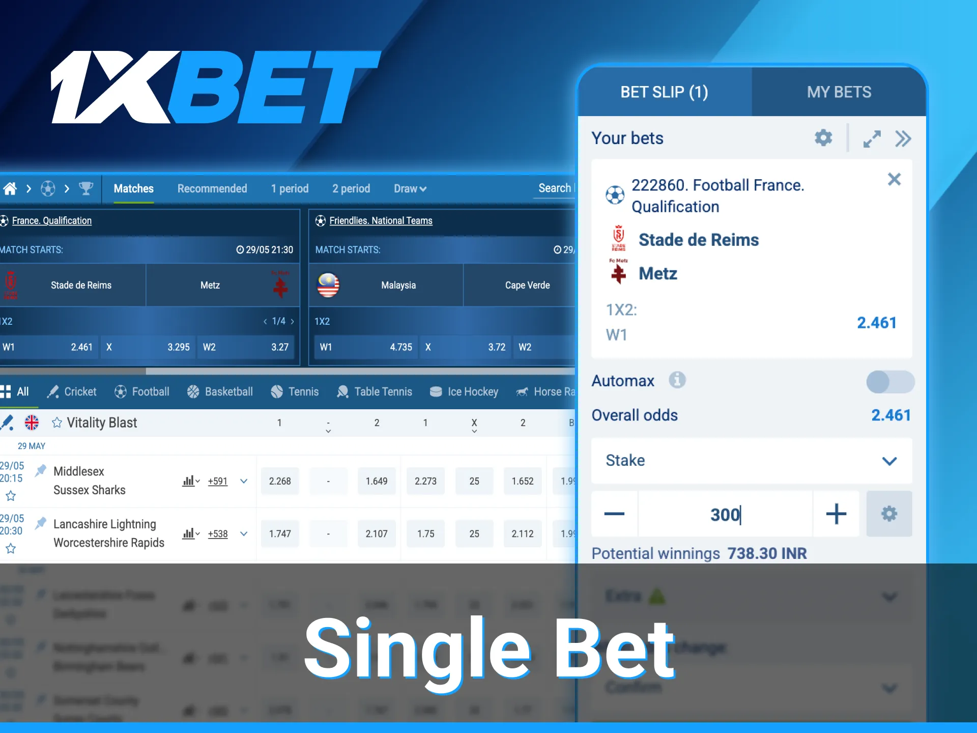 Try single bet on 1xBet platform.