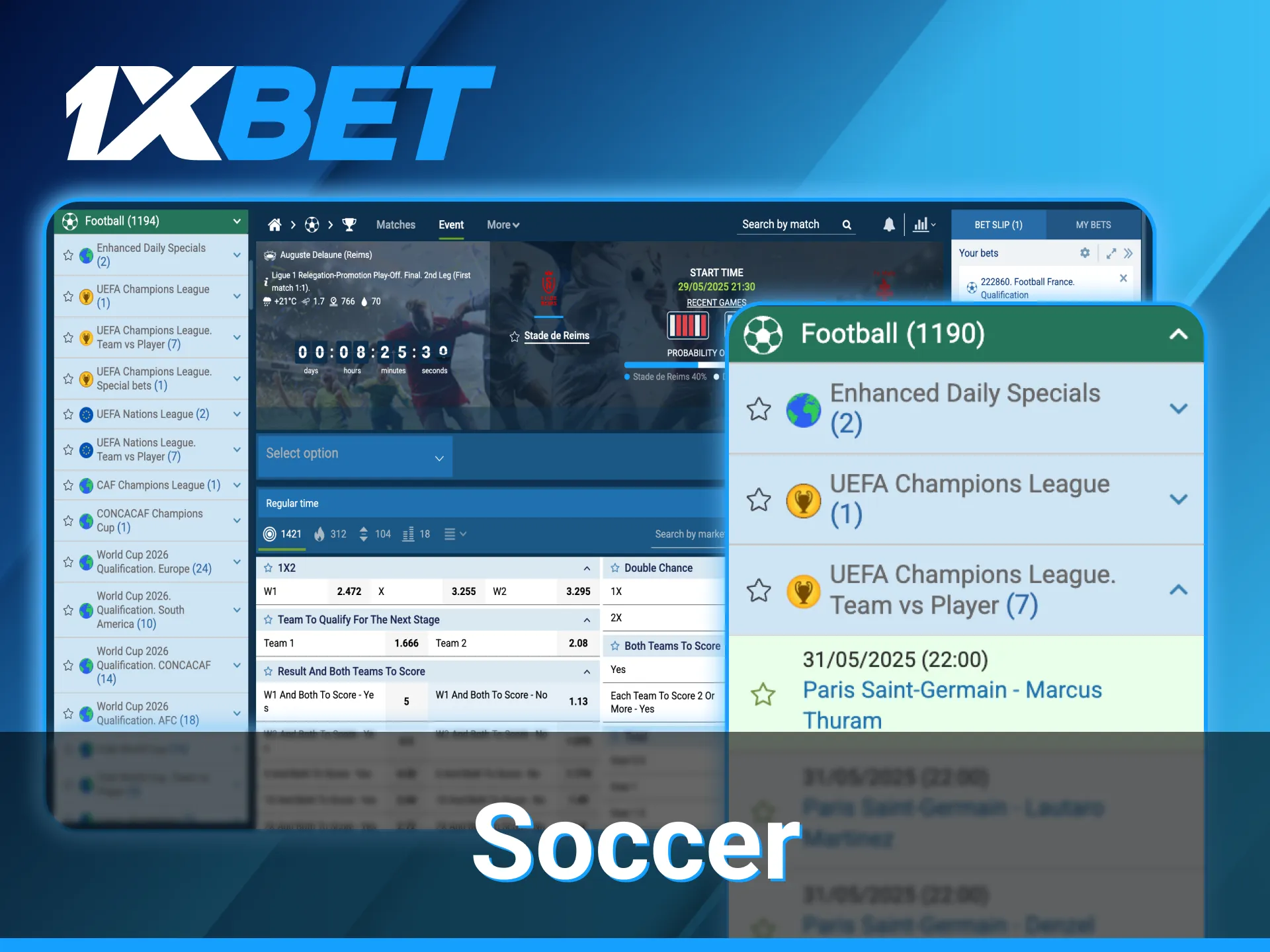1xBet soccer betting section.