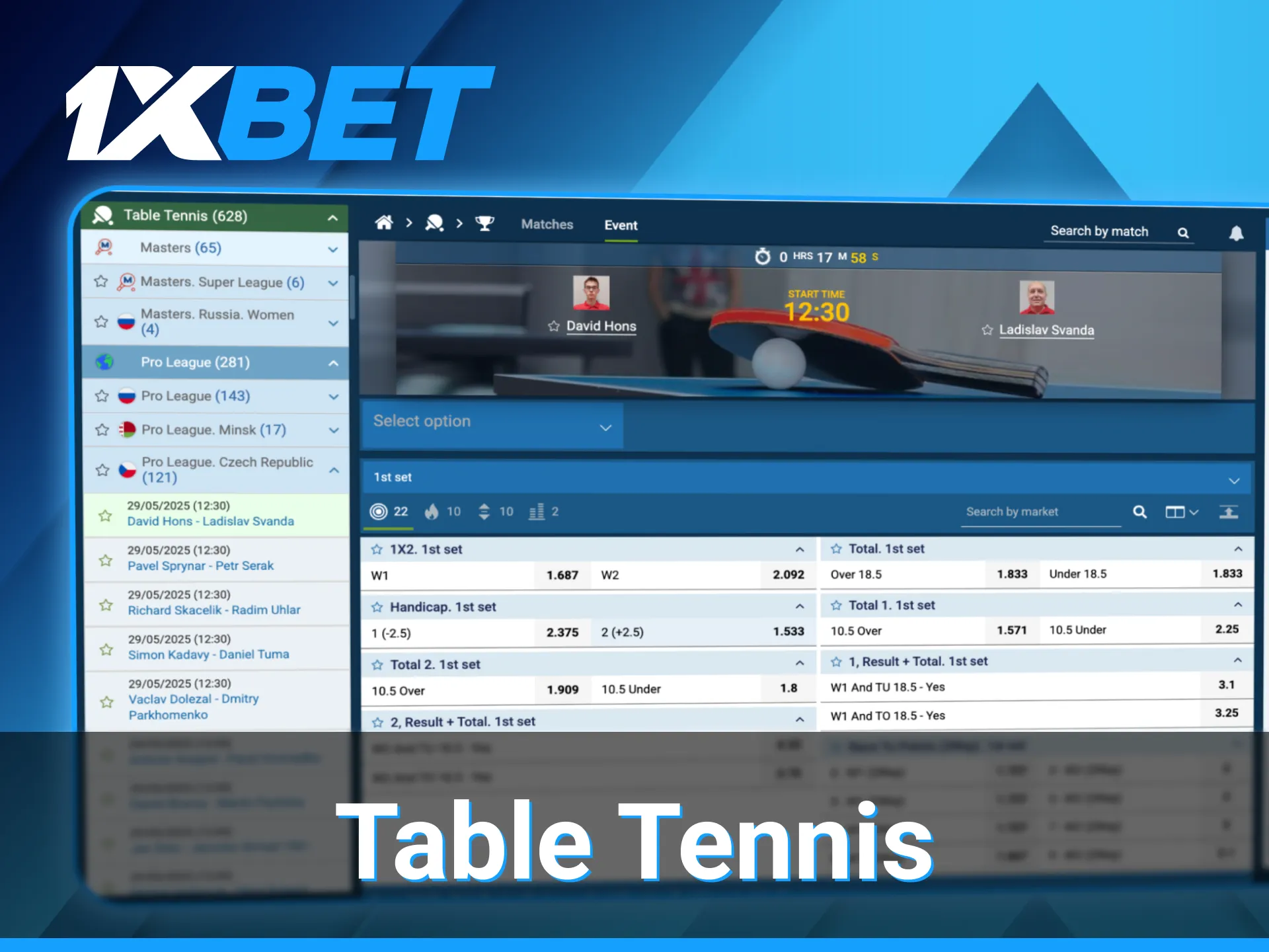 1xBet table tennis betting section.