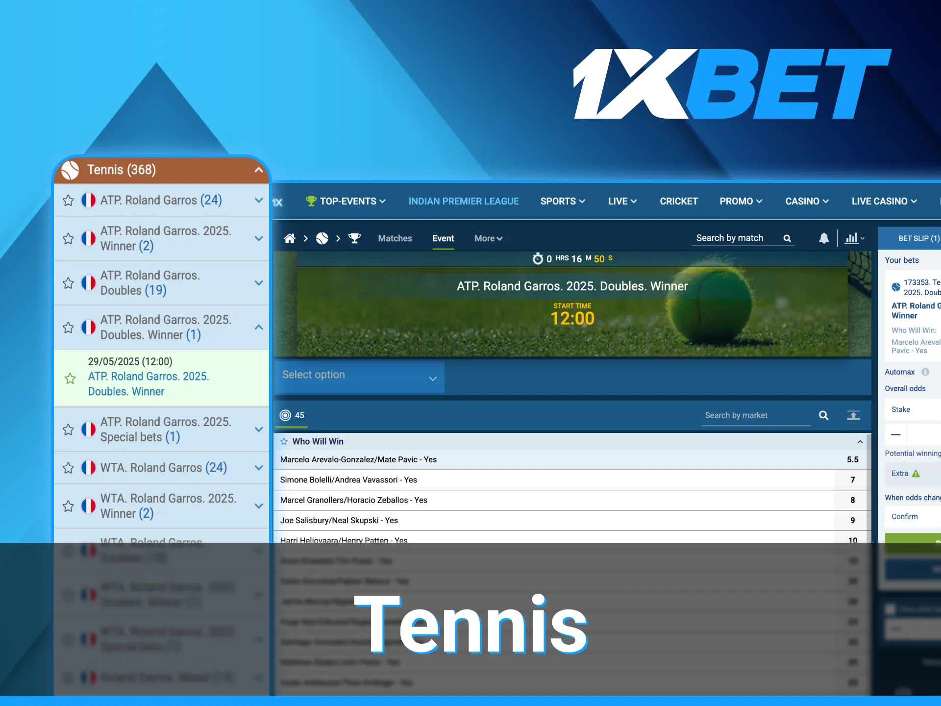1xBet tennis betting section.