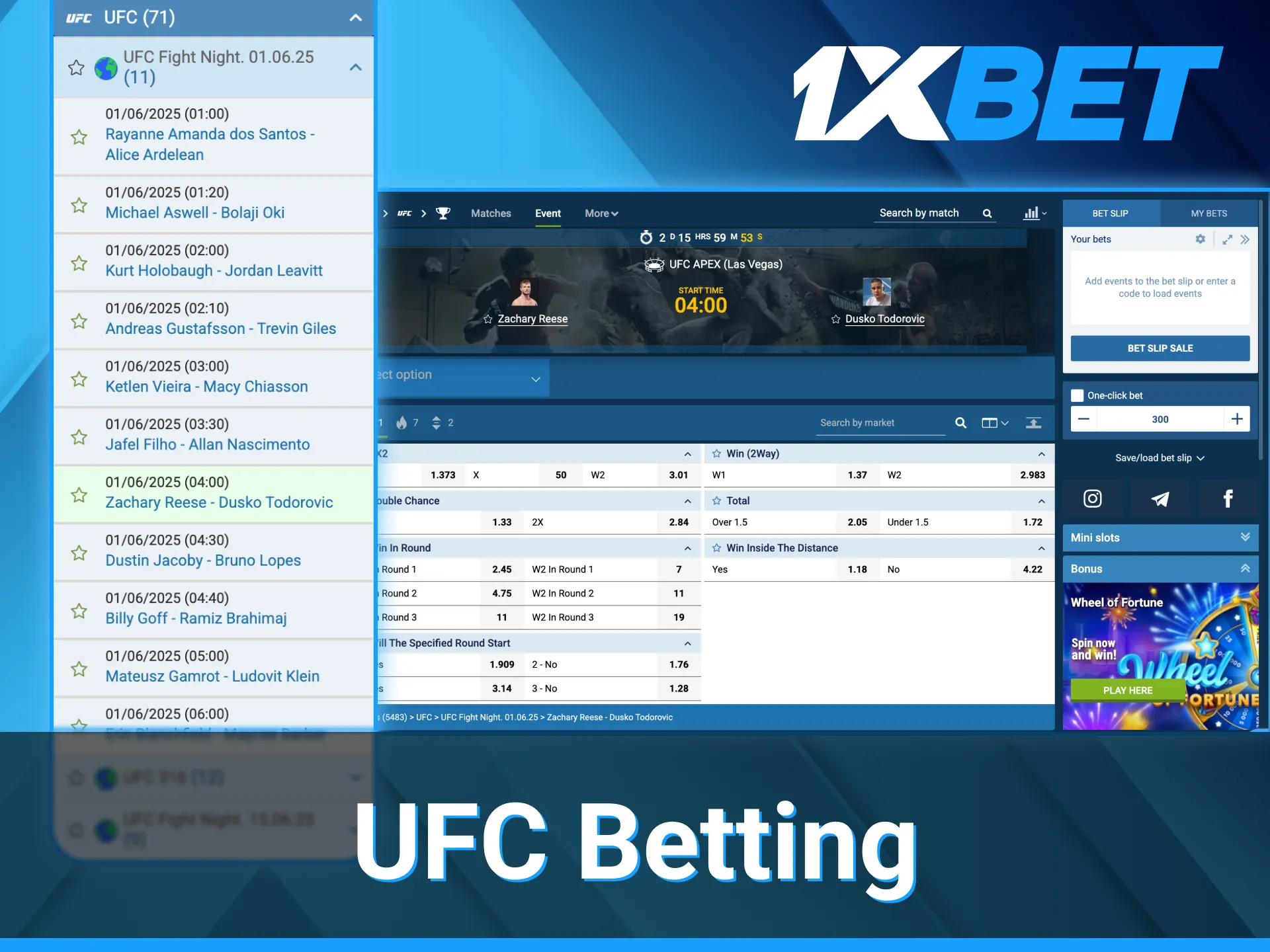 1xBet ufc betting section.