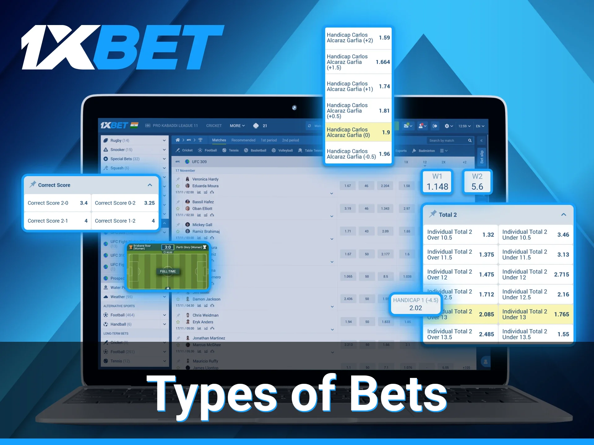 At the 1xBet website, users can find a selection of available betting options for different types of events.