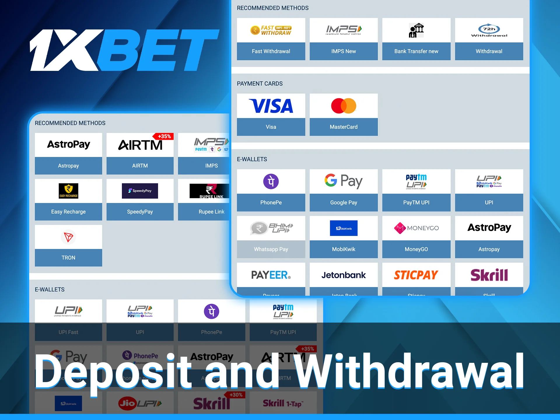 A selection of convenient deposit and withdrawal options is available for bettors at 1xBet.