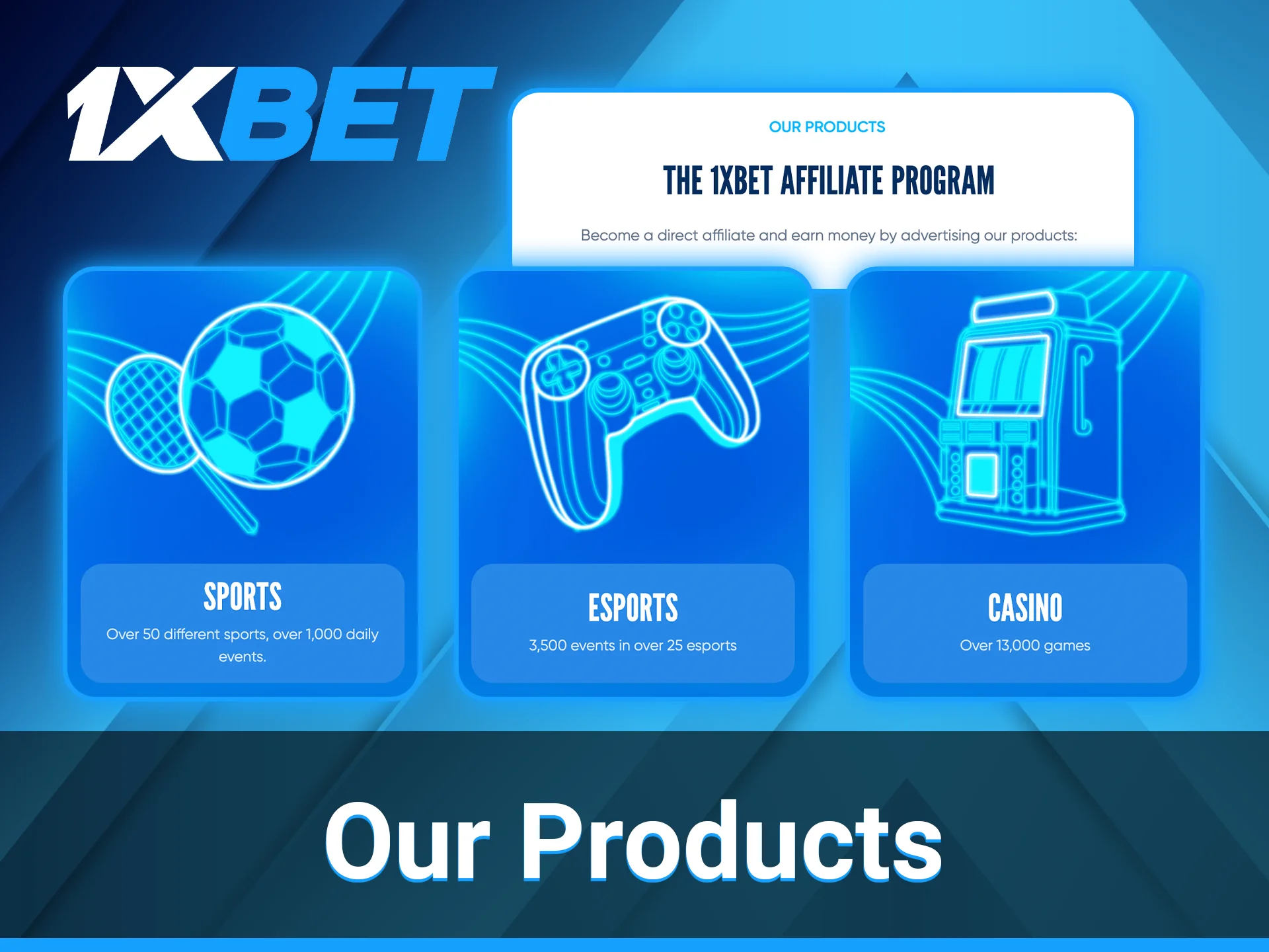 1xBet affiliates can select from a selection of gambling products to promote.