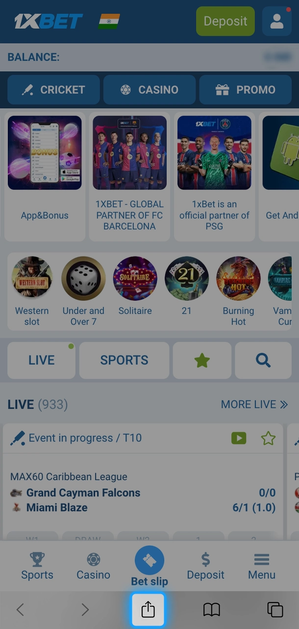 Open Safari menu and find share button.