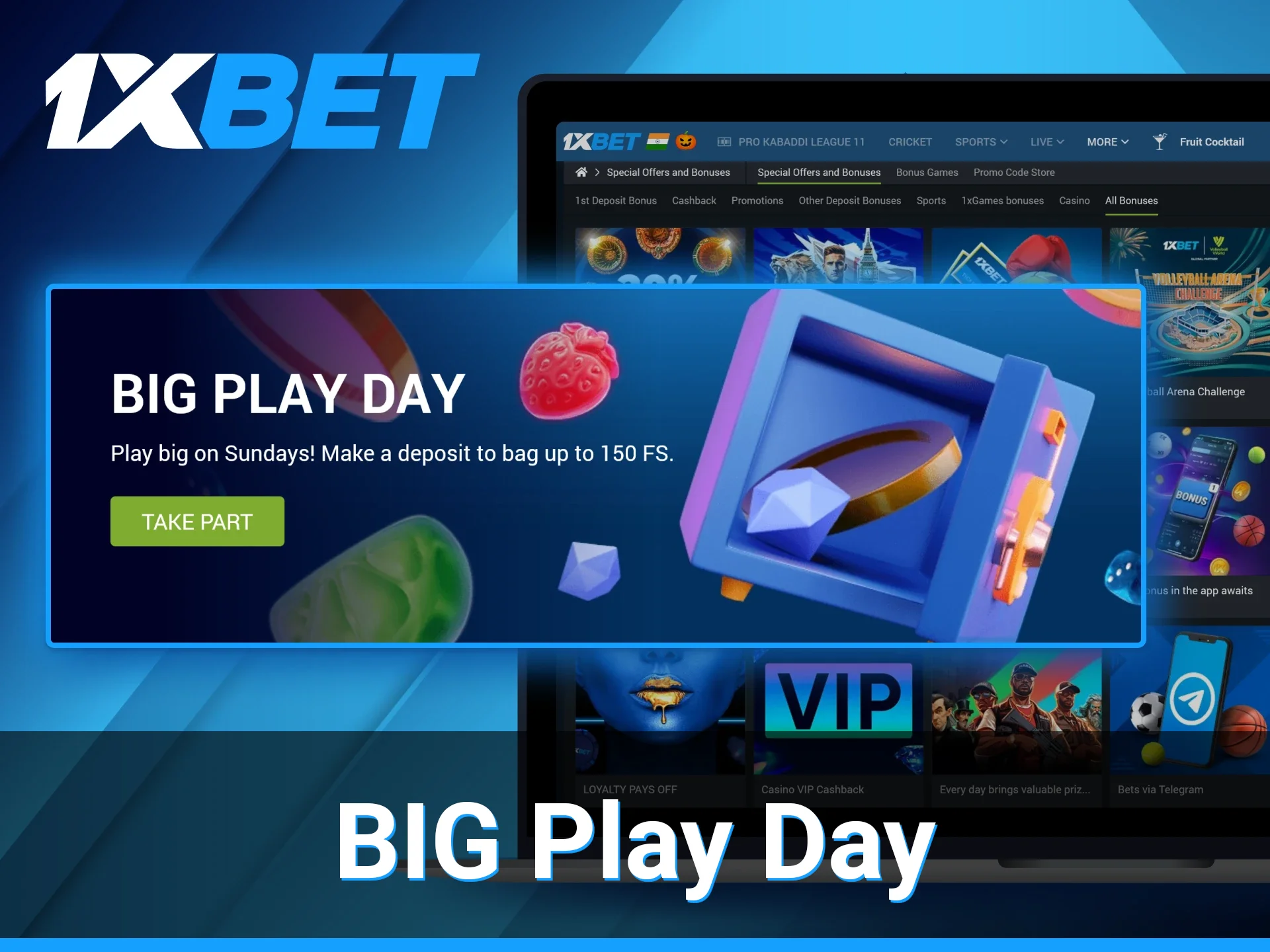 To earn free spins on the 1xBet platform, gamblers can take part in the BIG Play Day on Sundays.