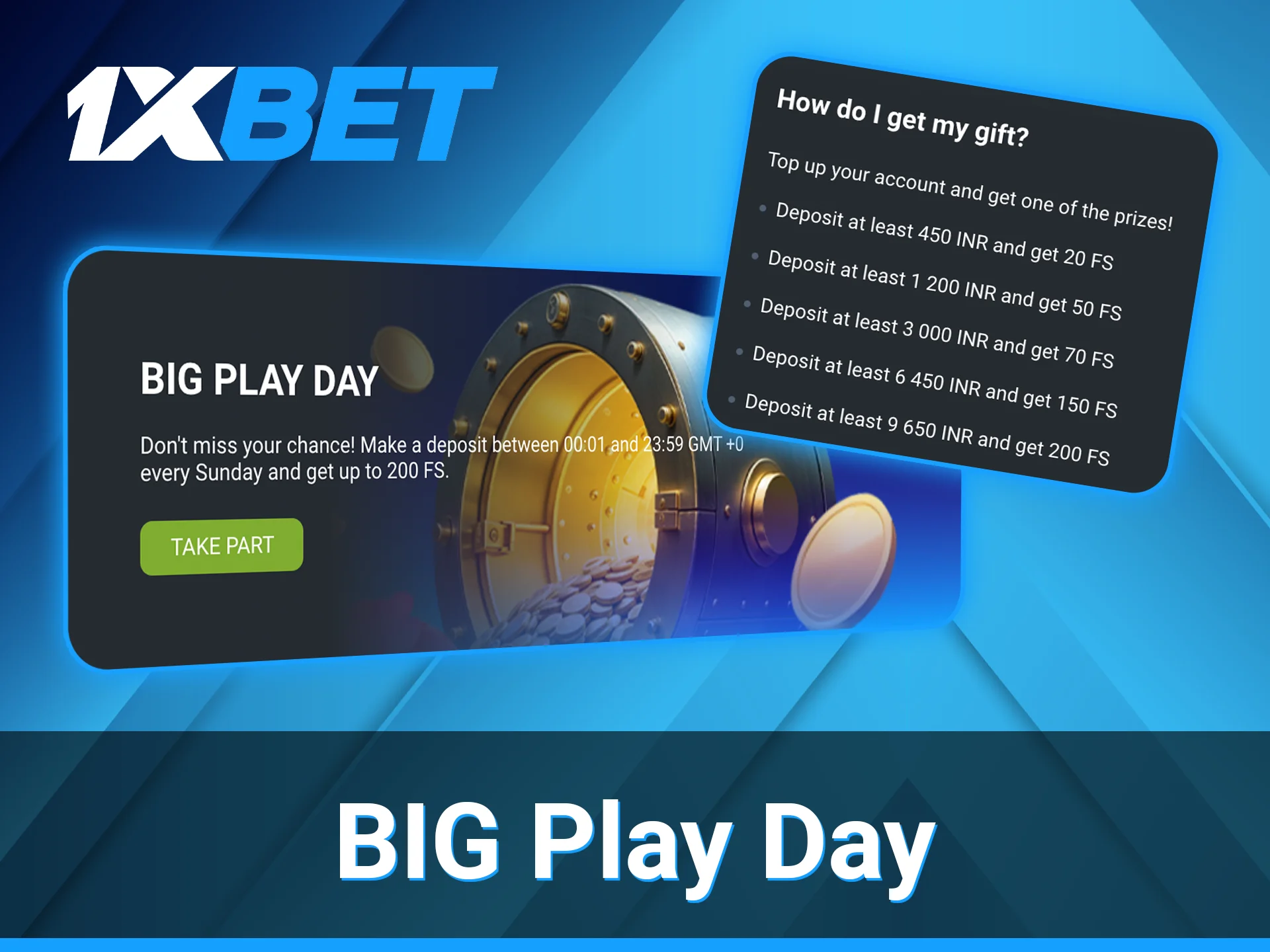 To earn free spins on the 1xBet platform, gamblers can take part in the BIG Play Day on Sundays.