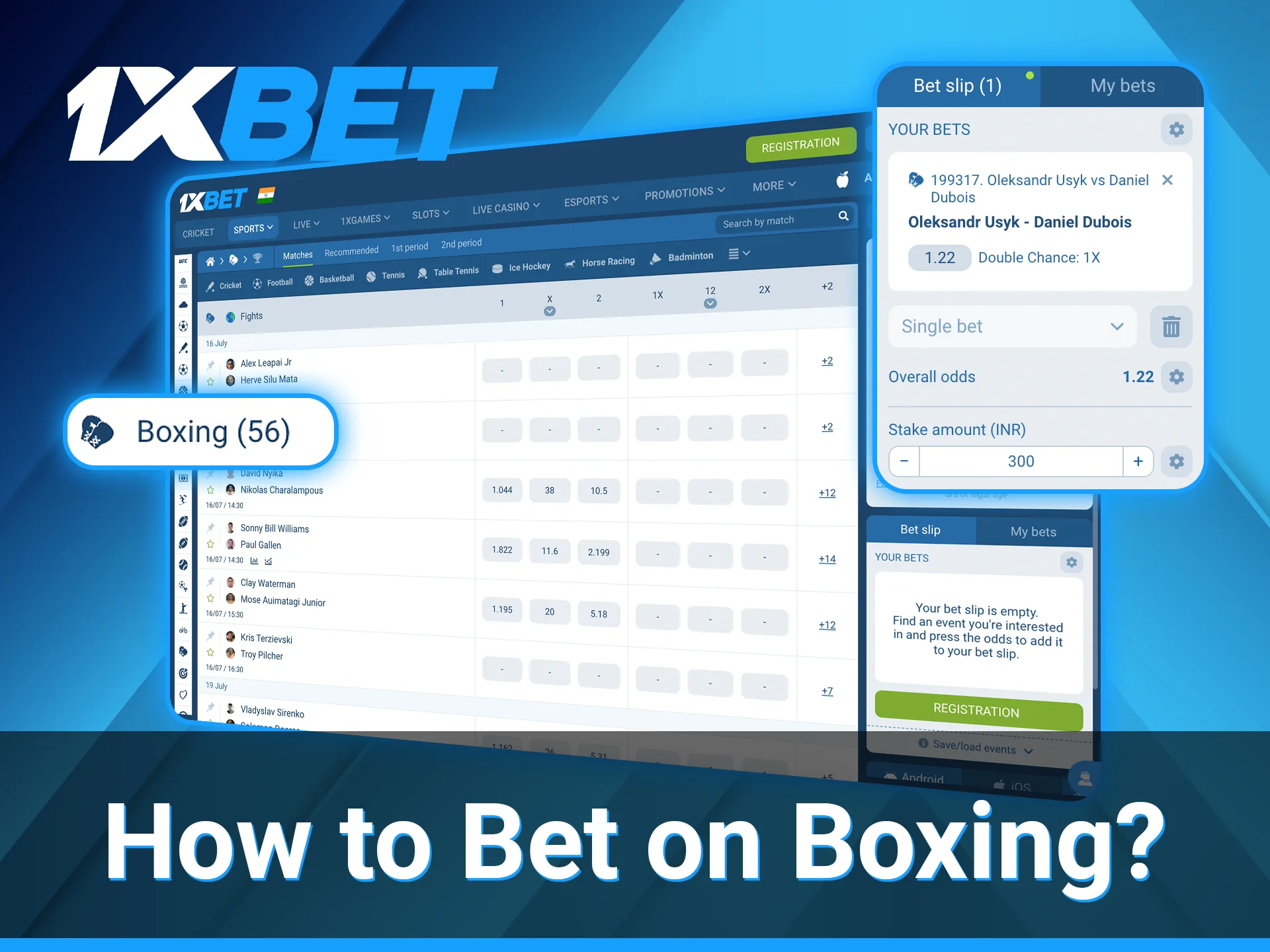 1xBet users can explore various boxing events and select the one they wish to place bets on.