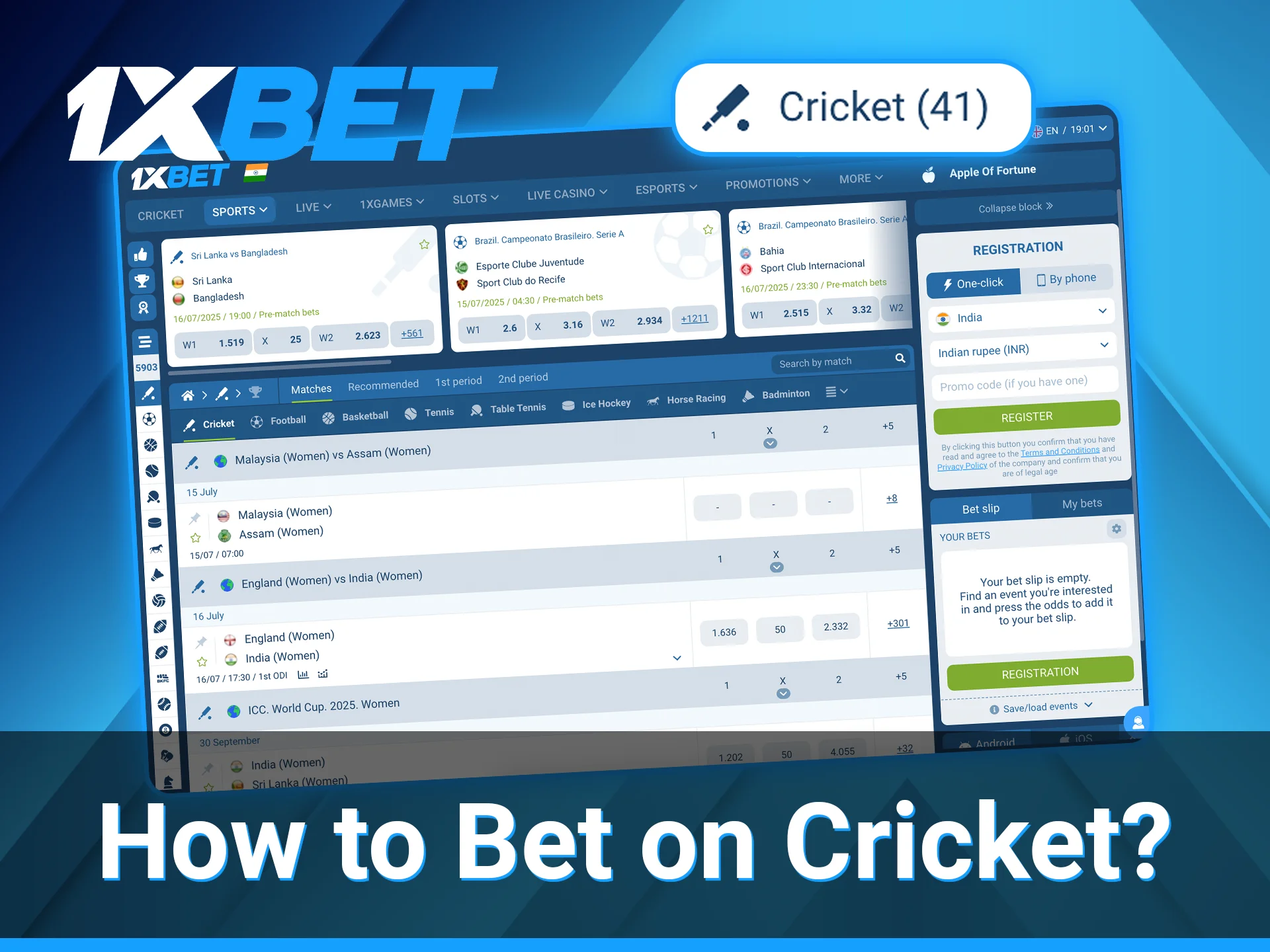 1xBet clients can choose from many available cricket matches to place their bets on.