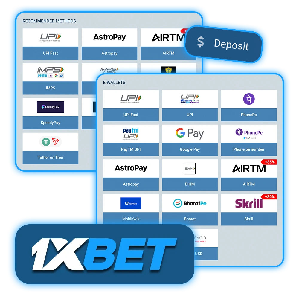 1xBet users can choose a preferred payment system to easily deposit their account.