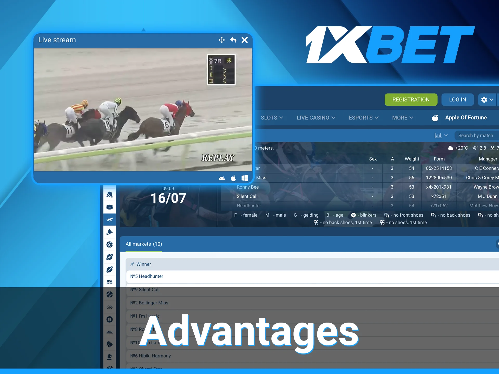 Gamblers at 1xBet can watch live horse races and place bets in real time.