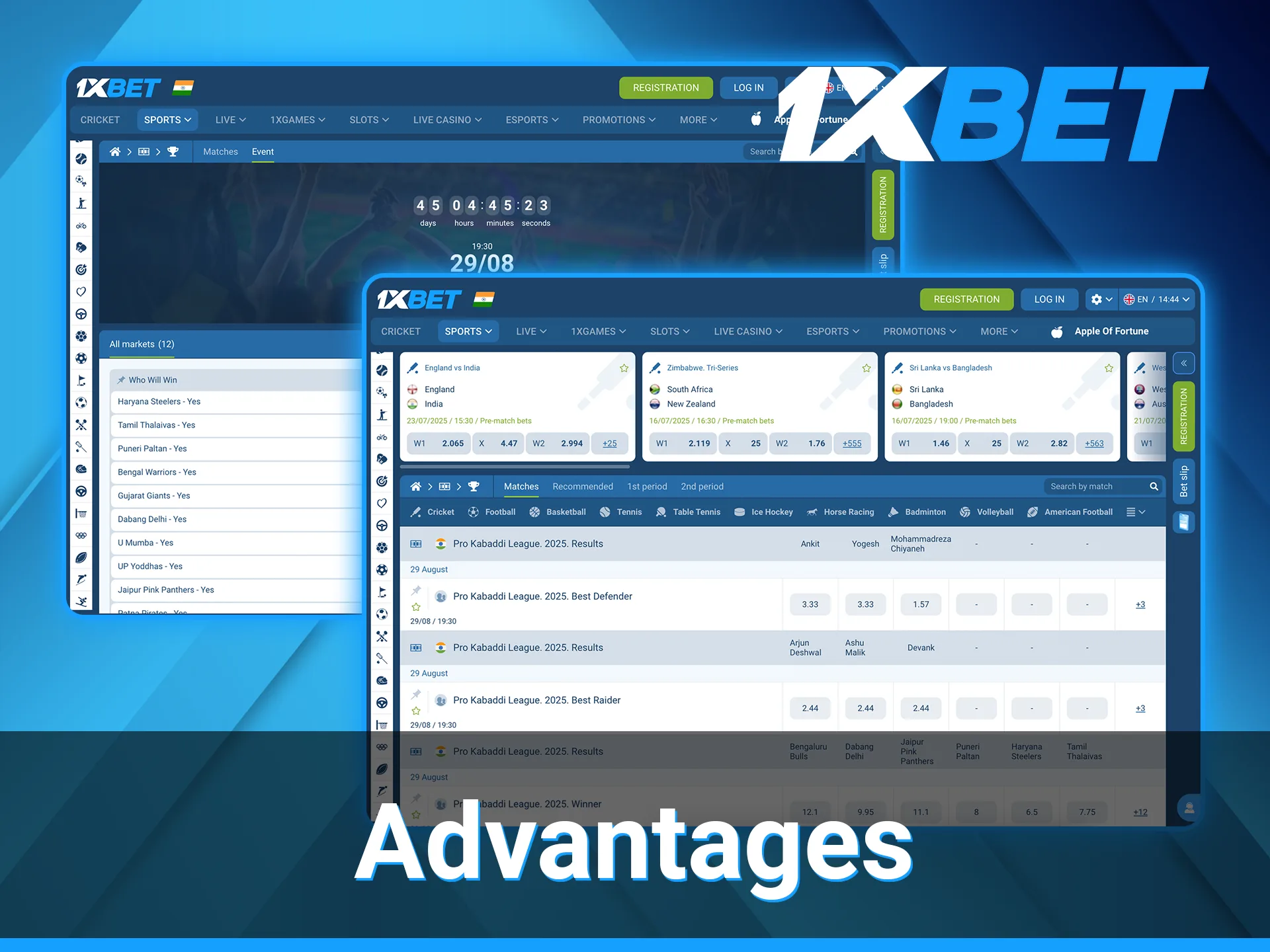 A wide range of events and live translations make the 1xBet platform a great place for kabaddi betting.