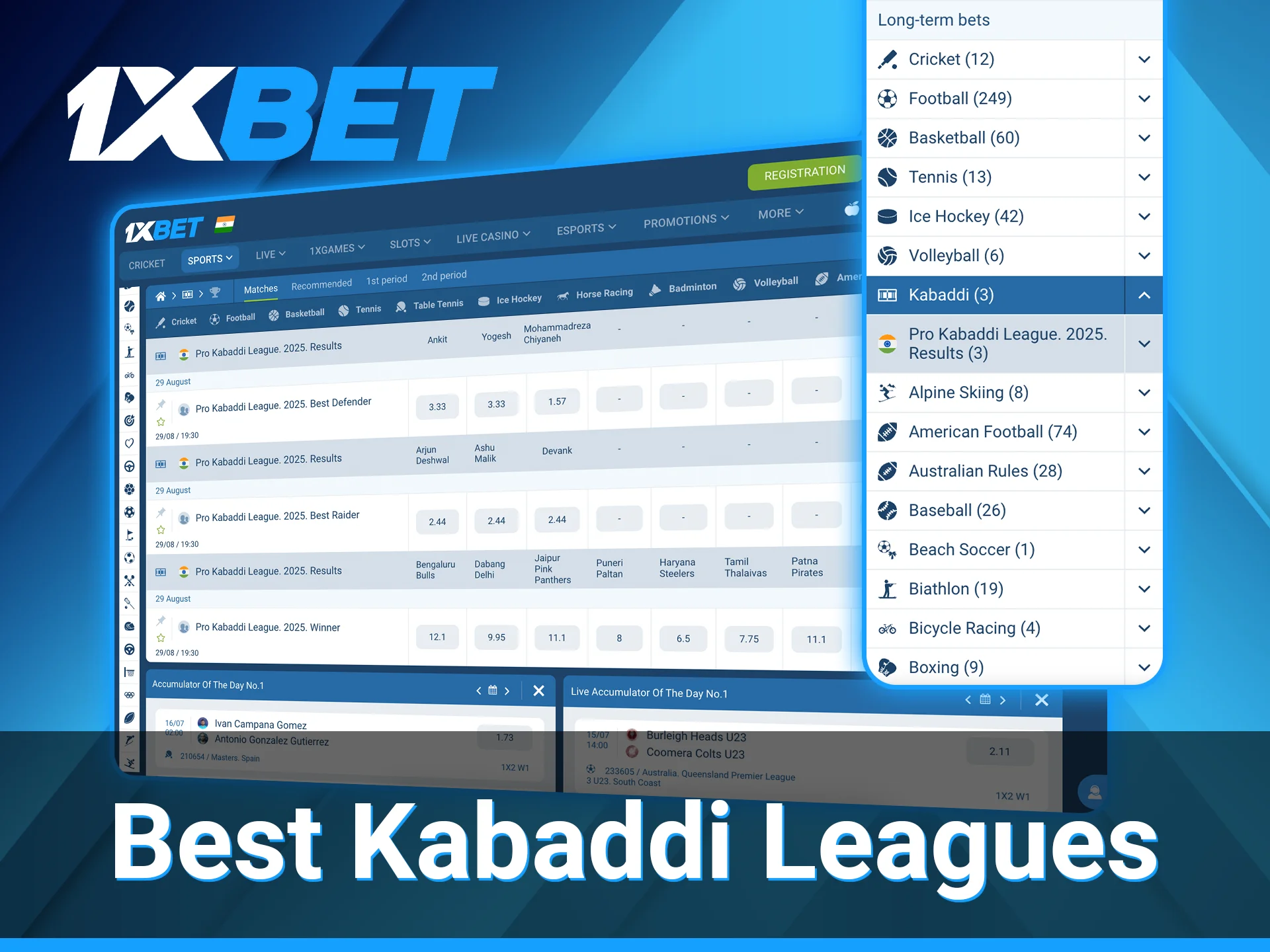 Most well-known kabaddi leagues, including the Pro Kabaddi League, are available for betting on the 1xBet platform.