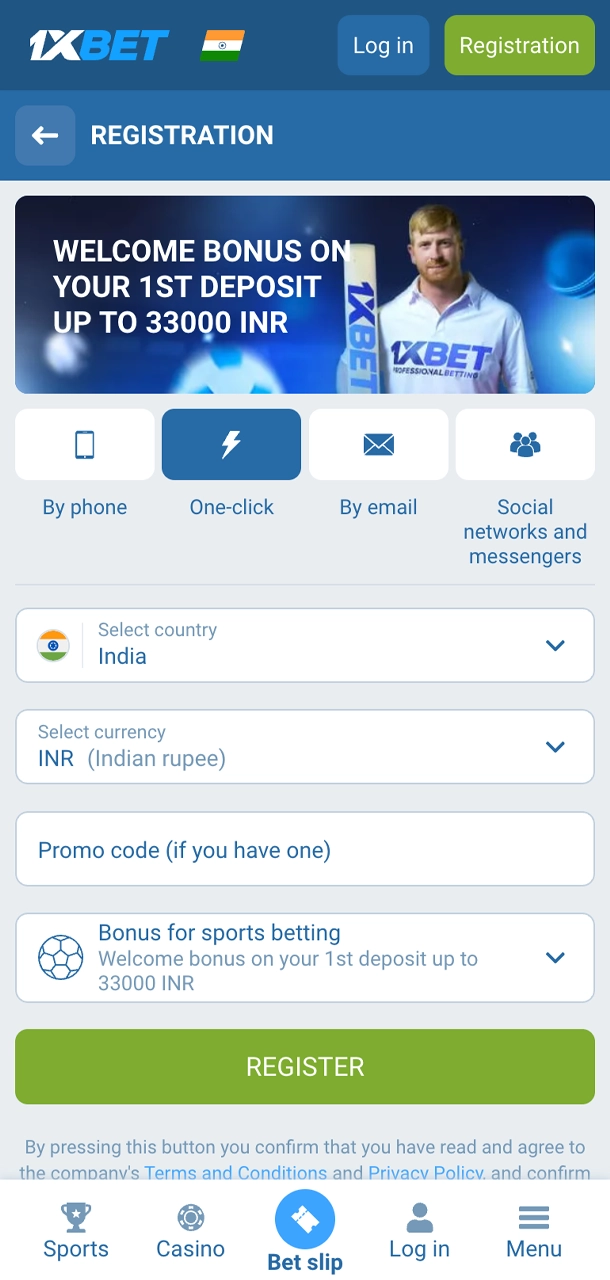 Create an 1xBet account using one of four registration methods.