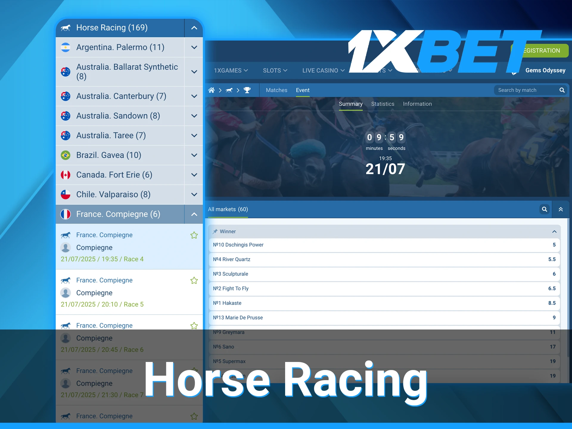 1xBet horse racing betting section.