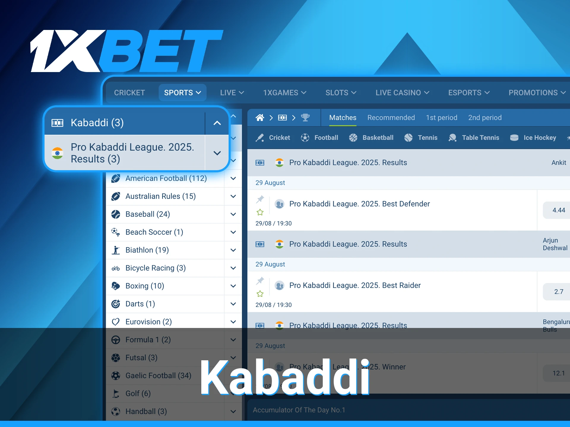 1xBet kabaddi betting section.
