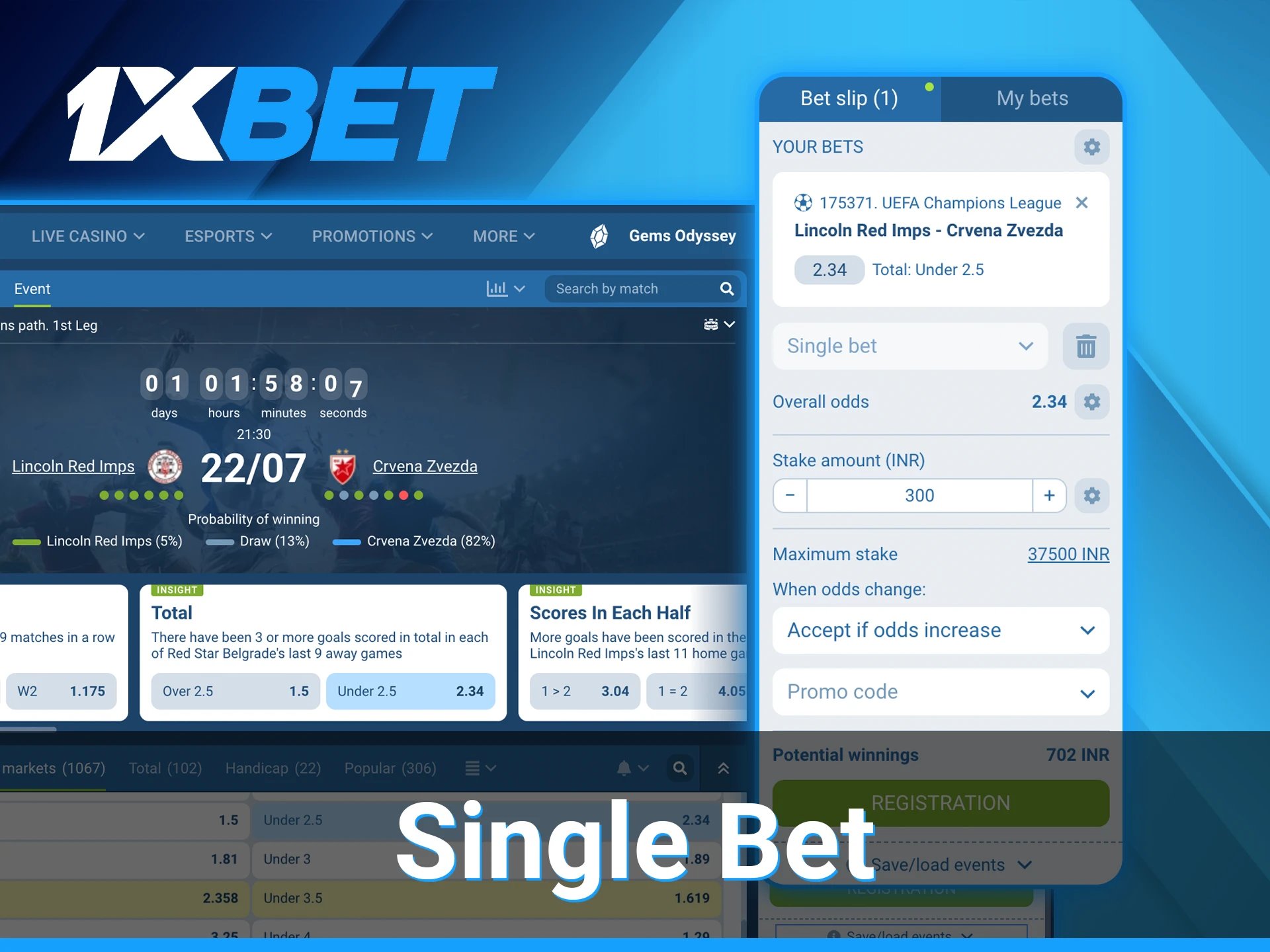 Try single bet on 1xBet platform.