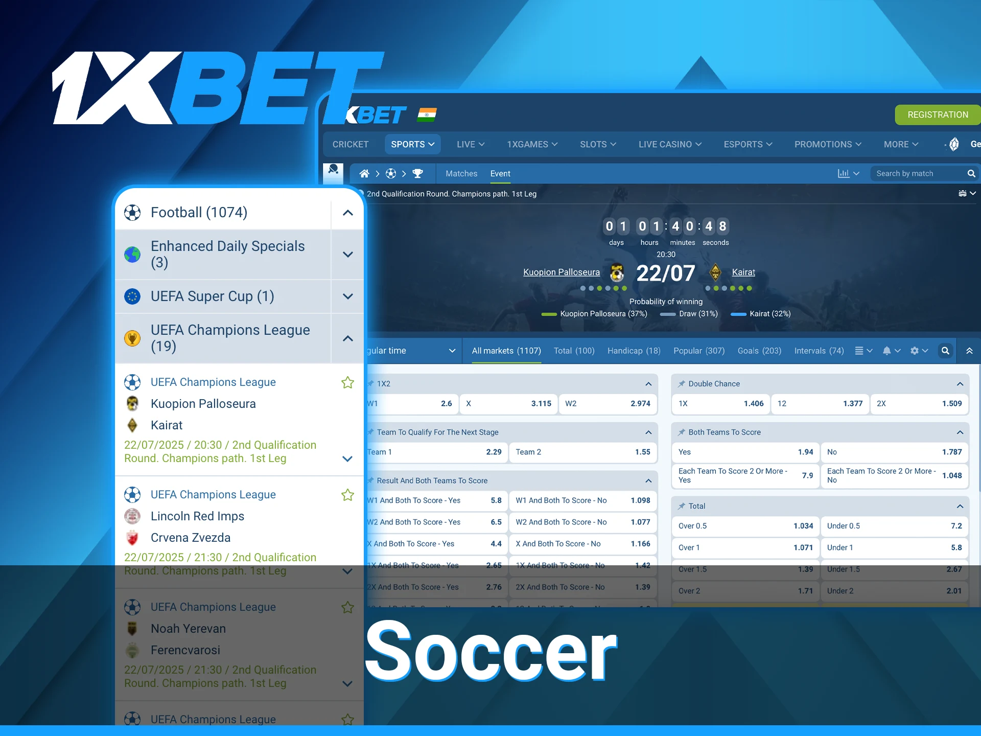 1xBet soccer betting section.