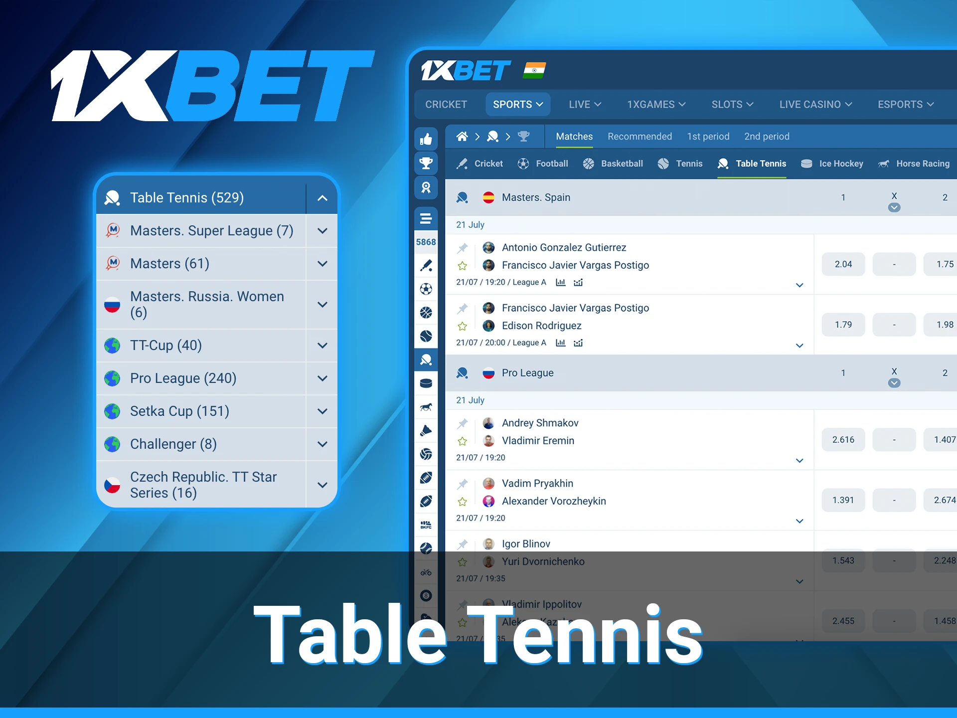 1xBet table tennis betting section.