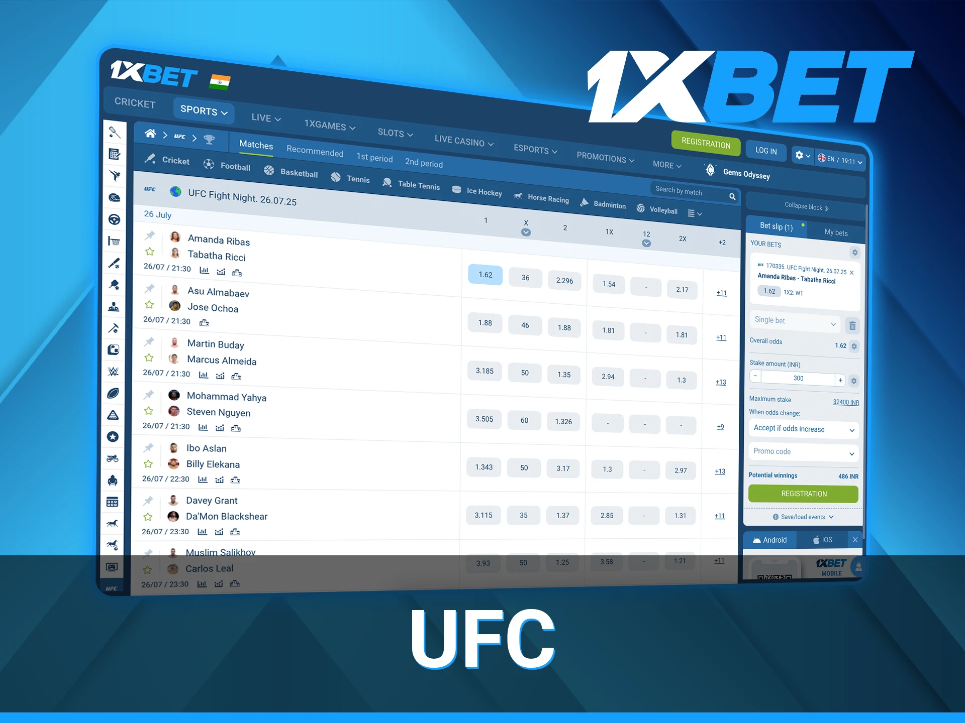 1xBet ufc betting section.