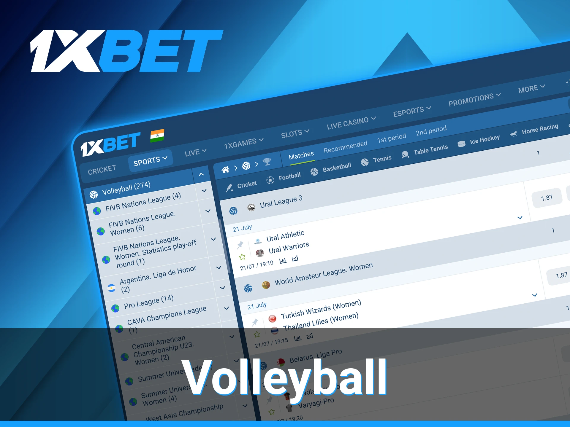 1xBet volleyball betting section.
