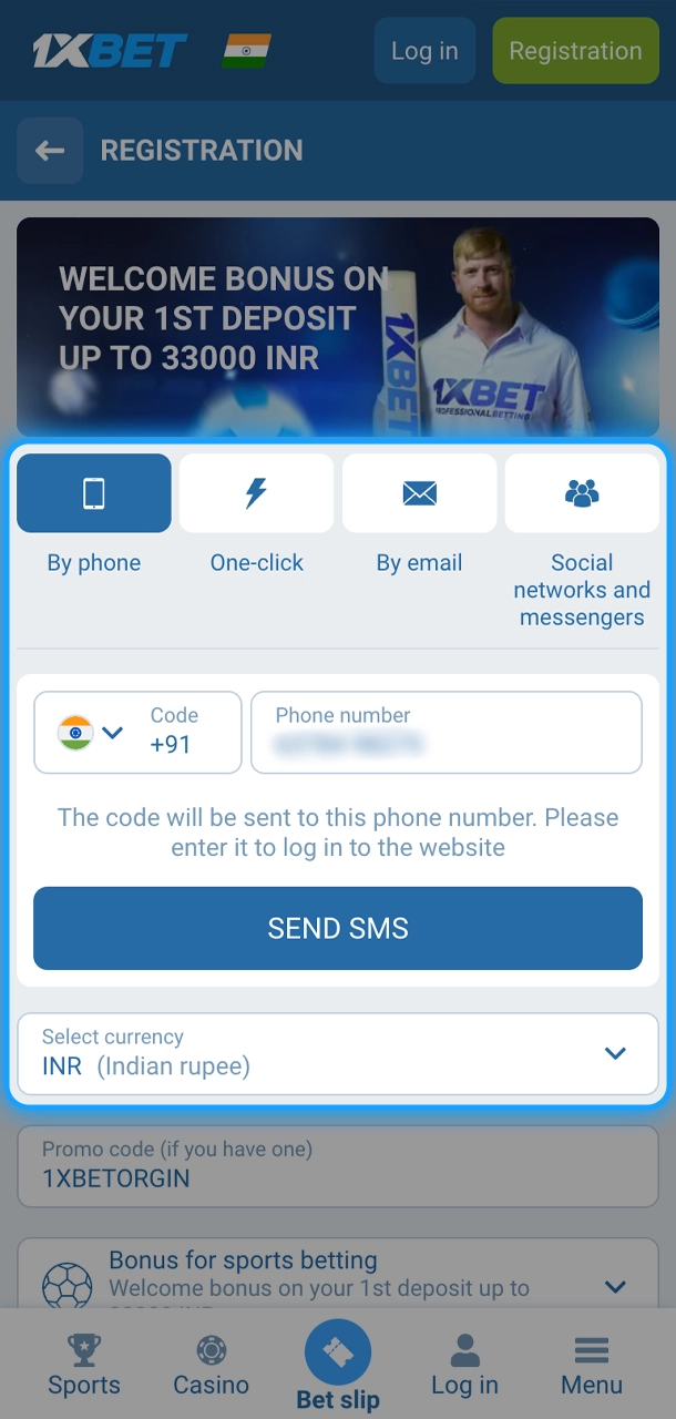 Enter the required data to create your 1xBet account.