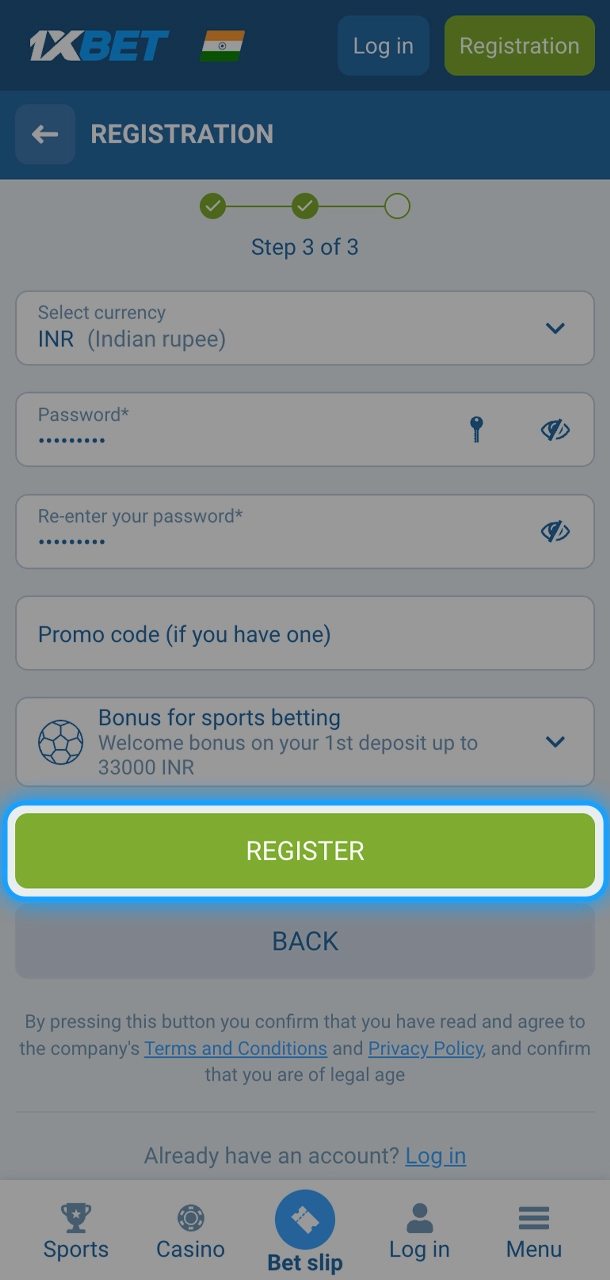 You can just complete registration by clicking the button on the 1xBet mobile app.
