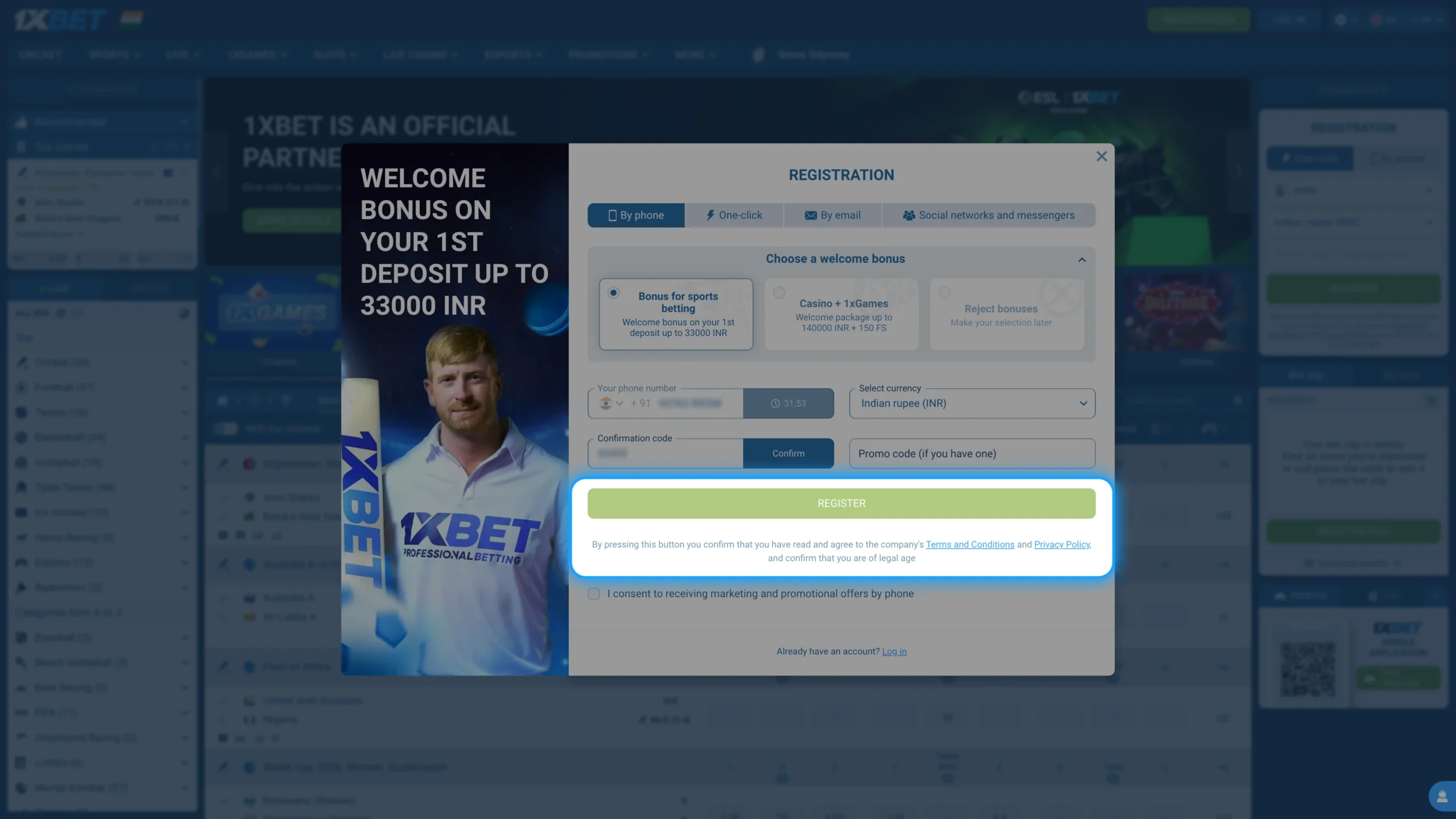Press the registration button to complete the process and create your 1xBet account.