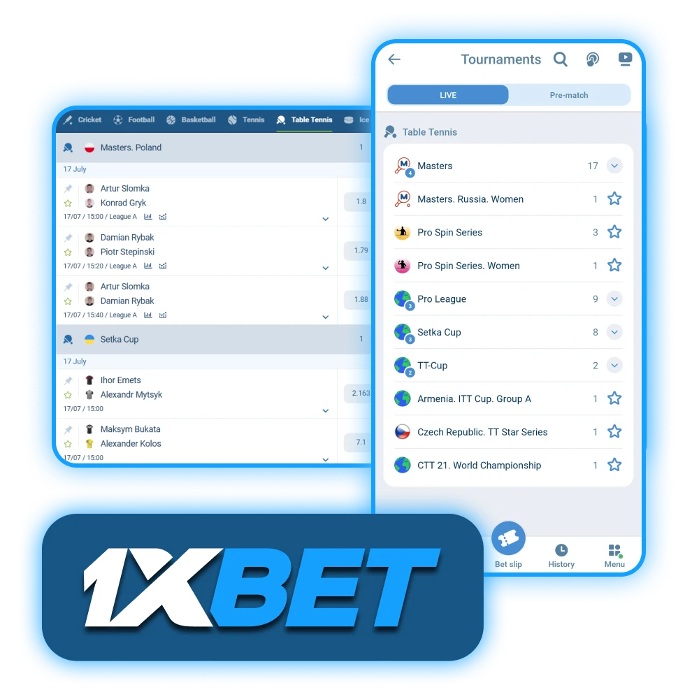 Customers can find their favorite table tennis players at 1xBet to start betting.