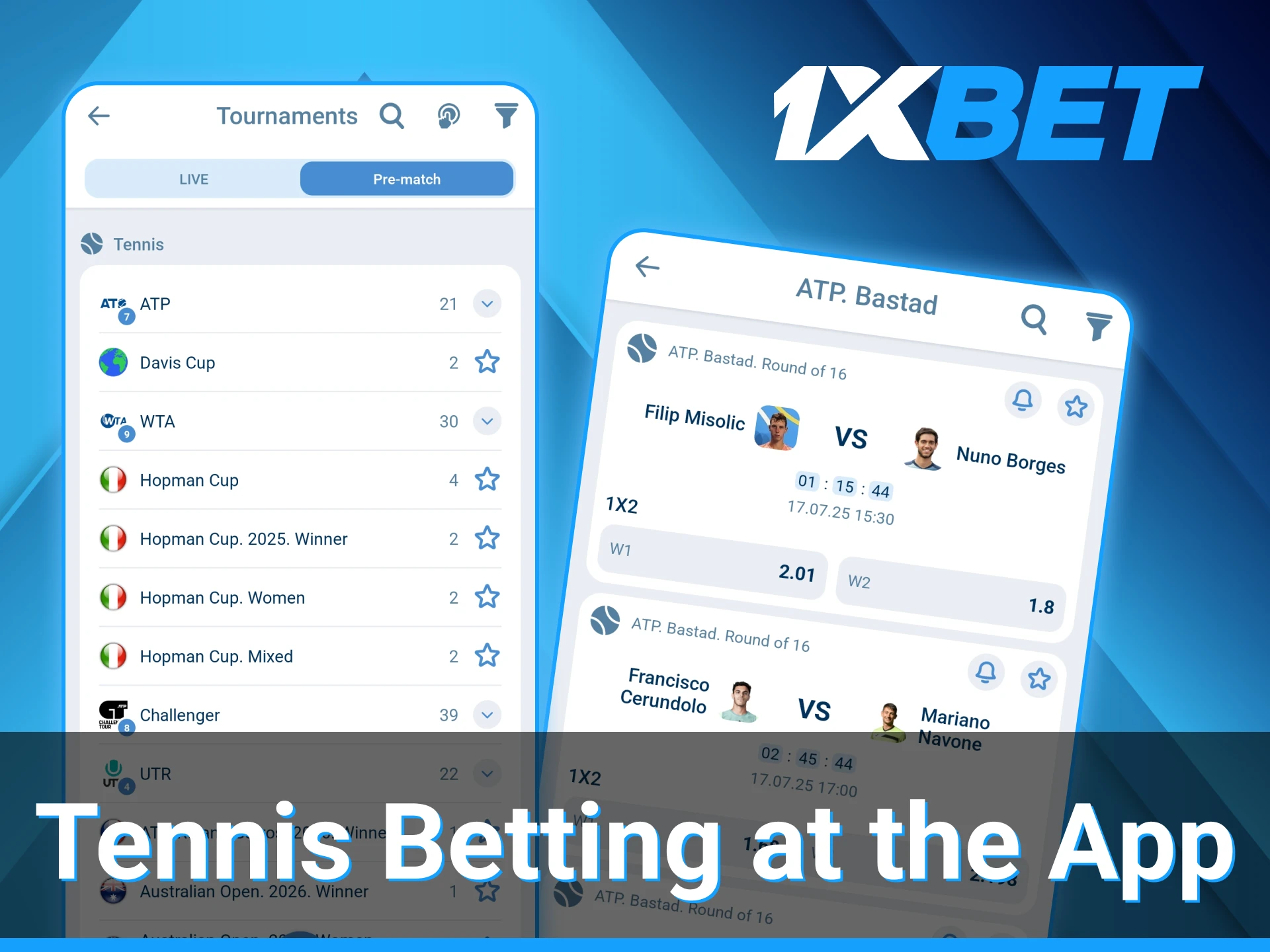 The 1xBet mobile app allows tennis fans to enjoy live betting on the go from anywhere.